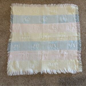 Vintage BABY KISSES Acrylic Pastel Check Baby Blanket Bears Waffle Fringe Japan